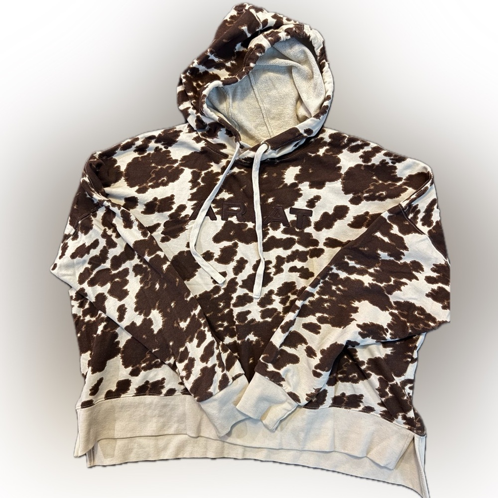 Ariat Women’s XXL Brown & Cream Cow Print Pattern Hooded Pullover with Split Hem